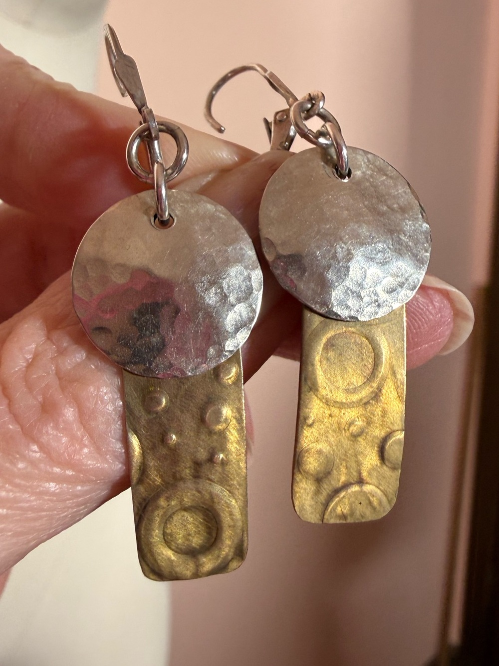 Vintage sterling silver brass modernist hammered minimalist geometric earrings
